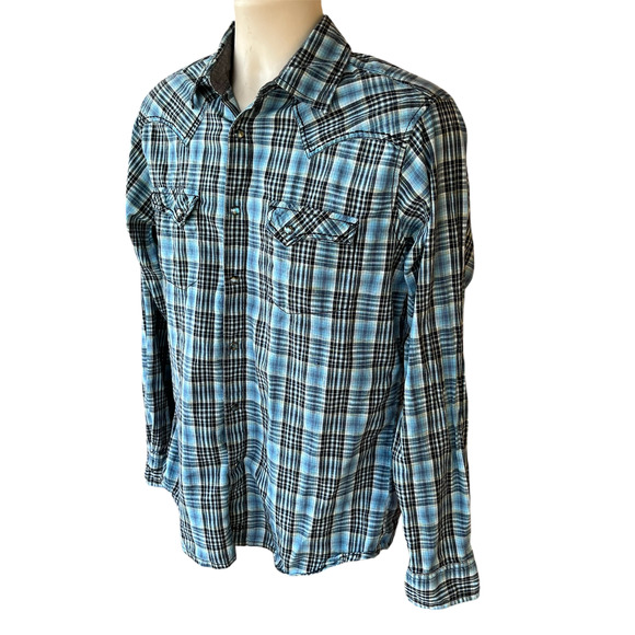 Moonshine Spirit Blue Plaid Western Slim Fit Shirt Pearl Snap Button Mens S - Picture 4 of 10